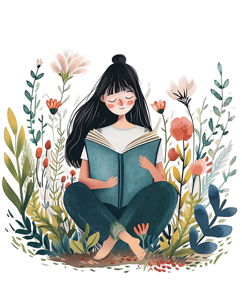 Illustration eines Mädchens, das inmitten von Blumen ein Buch liest