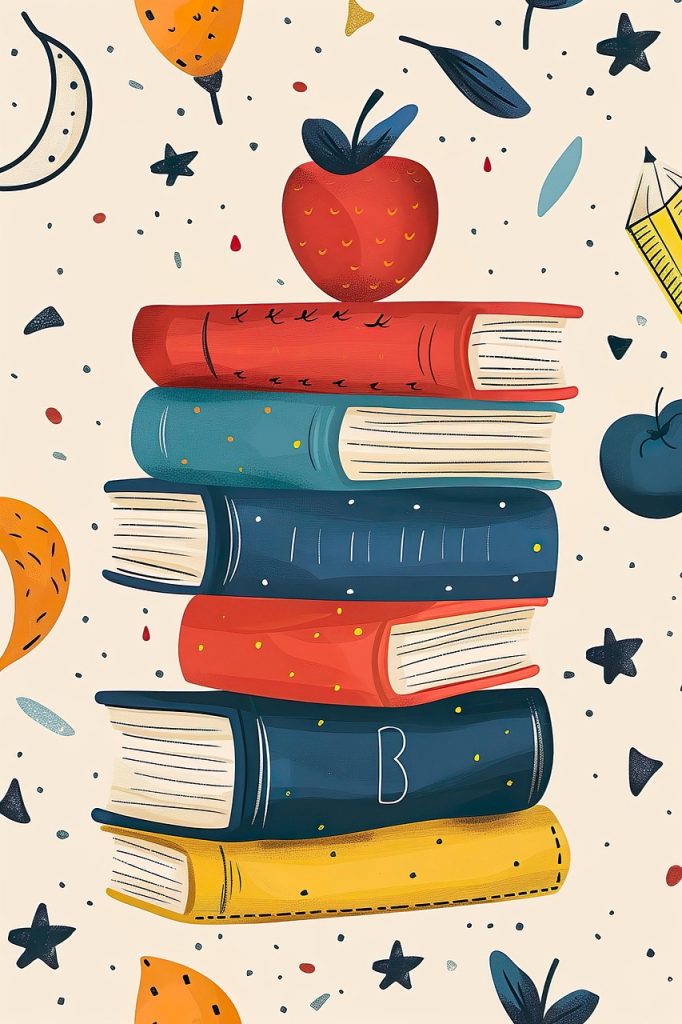 Illustration eines Bücherstapels mit einem roten Apfel oben drauf