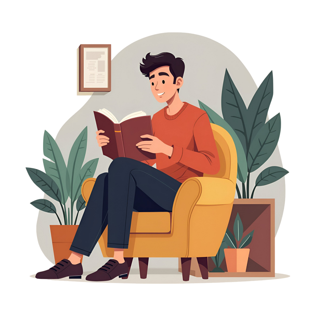 Illustration eines Mannes, der ein Buch auf einem gelben Sessel liest