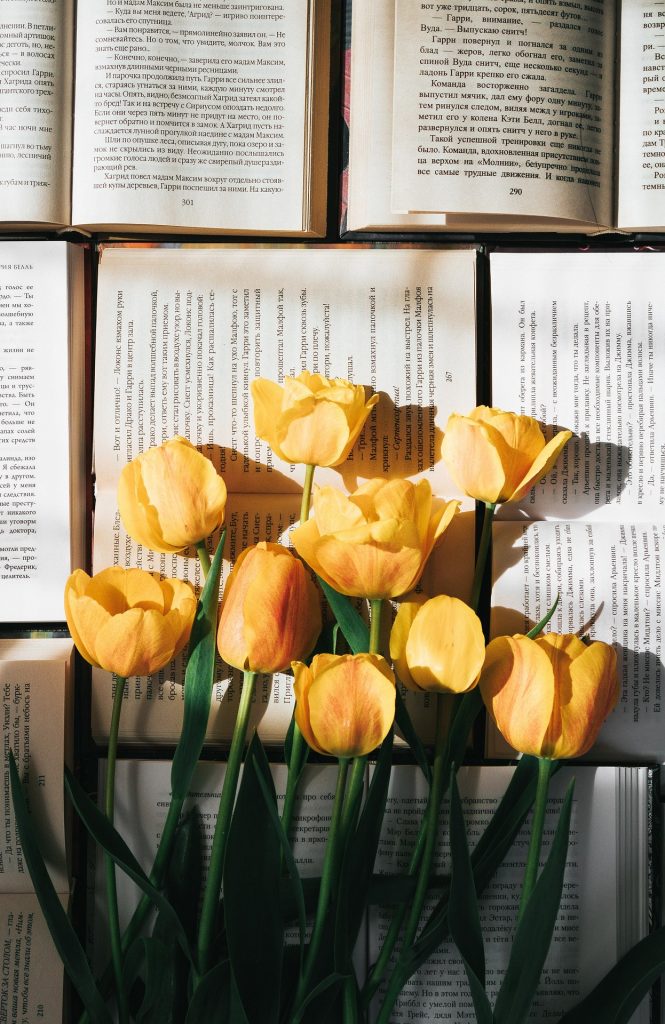 Bücher mit gelben Tulpen - Lektorat Belletristik