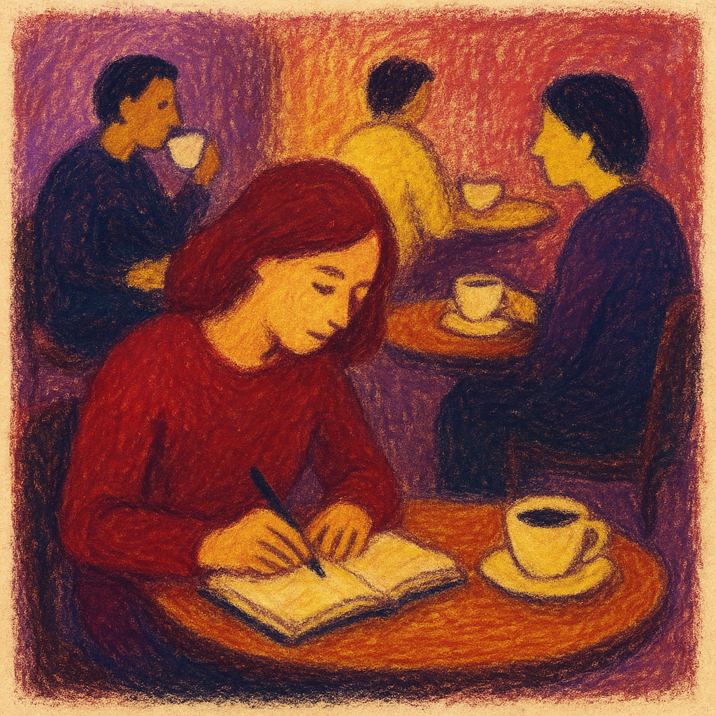 Eine Frau sitzt in einem Café und schreibt ein Buch.
