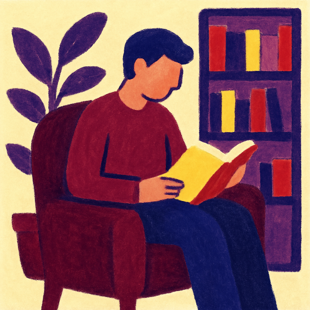 Eine Person sitzt in einem Sessel und liest ein Buch.